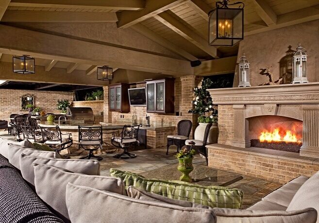 Outdoor living space with covered patio and fireplace